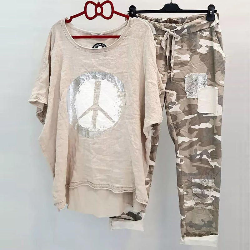 Women's Short Sleeve Top Camo Pants Two Piece Set