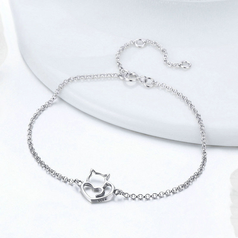 Cat and Heart Link Chain Bracelet