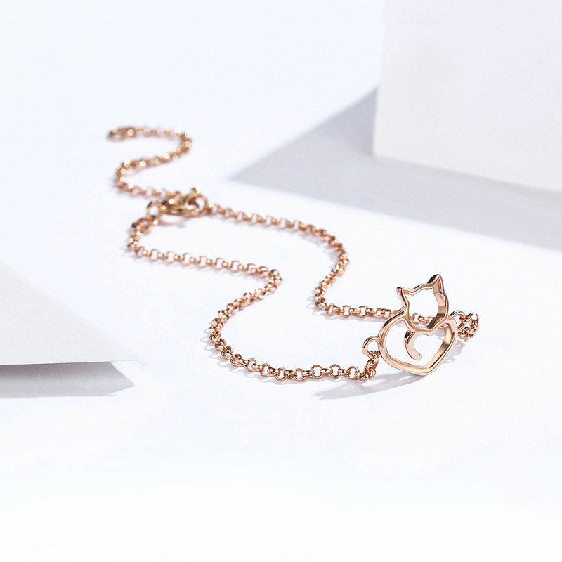 Cat and Heart Link Chain Bracelet