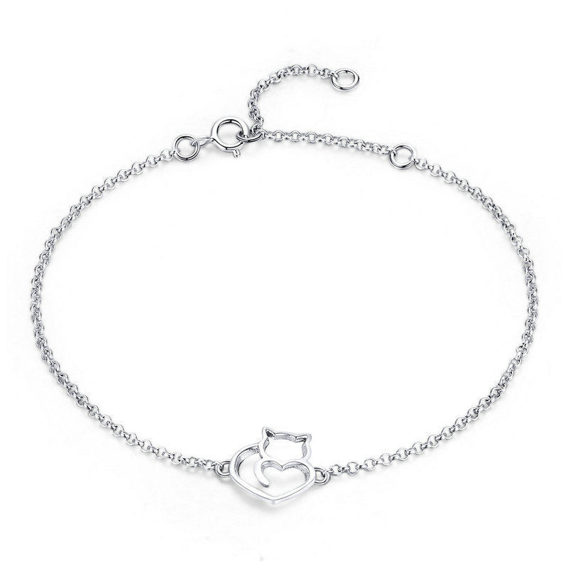 Cat and Heart Link Chain Bracelet