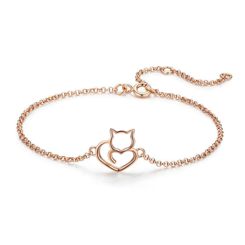 Cat and Heart Link Chain Bracelet